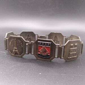 Vintage Silver Tone Paris Metal Enamel Link Panel Bracelet Souvenir  8”